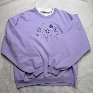 Appleseed's Lavender Crewneck Sweater with Floral Embroidery Grandmacore Vintage